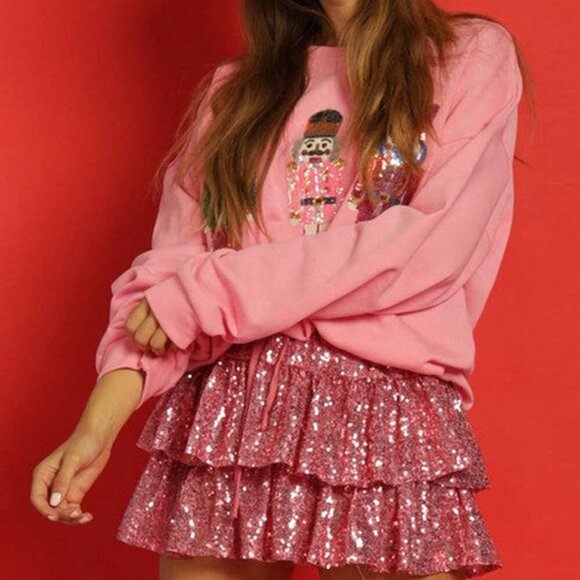 Pink Casual Women's Loose Sequin Christmas Crewneck Sweater - Picture 7 of 7